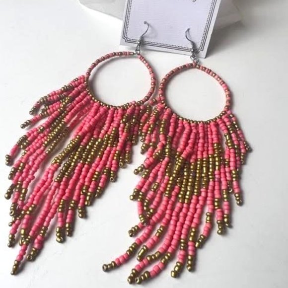 Boho Chic Pink and Gold Beaded Earrings - Picture 1 of 4